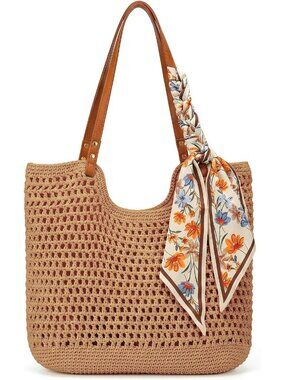 Women’s Taupe Brown Crochet Beach Woven Straw Purse Floral Scarf Boho Tote Bag